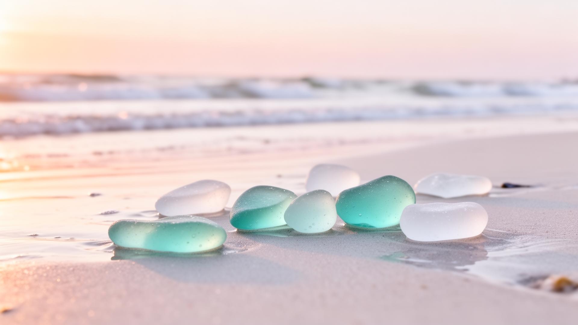 Soft sea glass on calm beach at sunrise