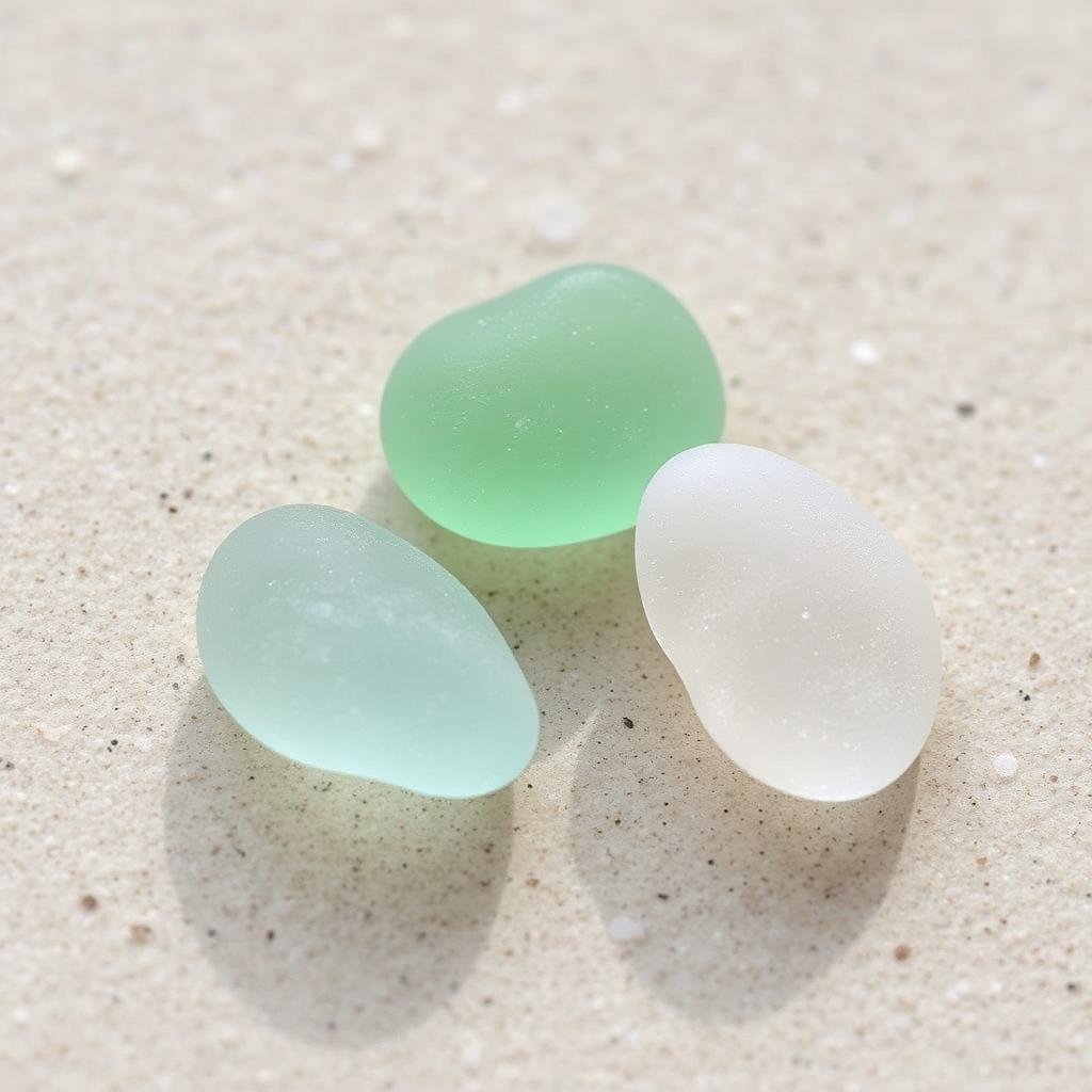 Three smooth pieces of sea glass on sand
